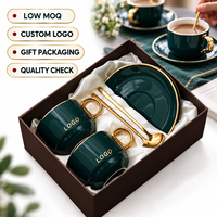 Ensemble tasse à café, soucoupe et cuillère en céramique de Chine, vert foncé avec bord doré, cadeau idéal pour la maison, le bureau, les mariages et les célébrations