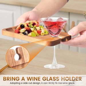 Acacia Wood Serving <b>Tray</b> With Wine Glass Holder For Food And Fruit Hotel Coffee <b>Tea</b> Use - Product Image 4