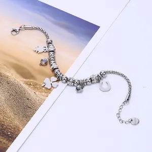 Pulseira de coruja de aço inoxidável, bracelete com berloque de trevo branco e coruja, joia, presentes para meninas