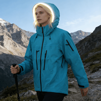 Veste de randonnée d'extérieur à coque rigide avec bande LED, capuche, col montant, fermeture éclair, coupe-vent, résistante à l'eau, respirante, motif uni