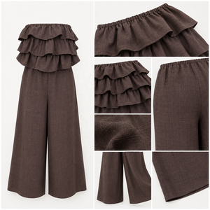 Mono largo <span class=keywords><strong>de</strong></span> <span class=keywords><strong>lino</strong></span> con volantes escalonados sin tirantes para mujer, cintura elástica, pierna ancha, informal, para playa y vacaciones, al por mayor - Product Image 6