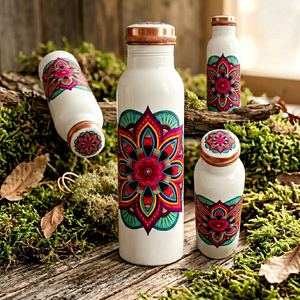 Botella de Agua Artesanal de Cobre Puro, Recipiente Ayurvédico para Bienestar, Frasco Metálico Antiderrames con Diseño de Mandala - Product Image 1