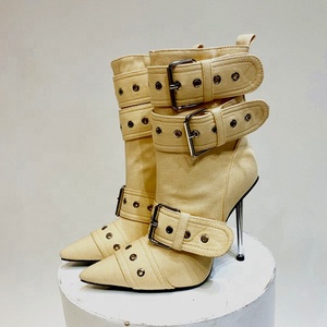 Trending Denim Belt Buckles Stiletto Women High Thin Heels Booties Fancy Retro Short Ankle <b>Boots</b> Punk Styles Shoes - Product Image 2