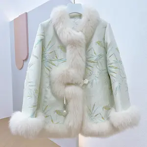 2023 새로운 가을과 겨울 유행 새틴 레트로 겨울 경량 여성 거위 다운 내부 재킷에 대 한 수 놓은 진짜 모피 코트