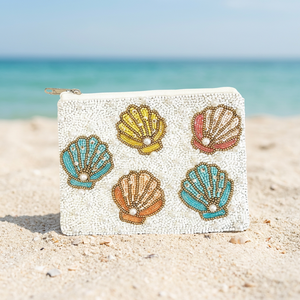 Pochette carrée en toile brodée de coquillages Jaunty Beach, accessoire de voyage tendance, couleurs mélangées, usage quotidien - Product Image 1
