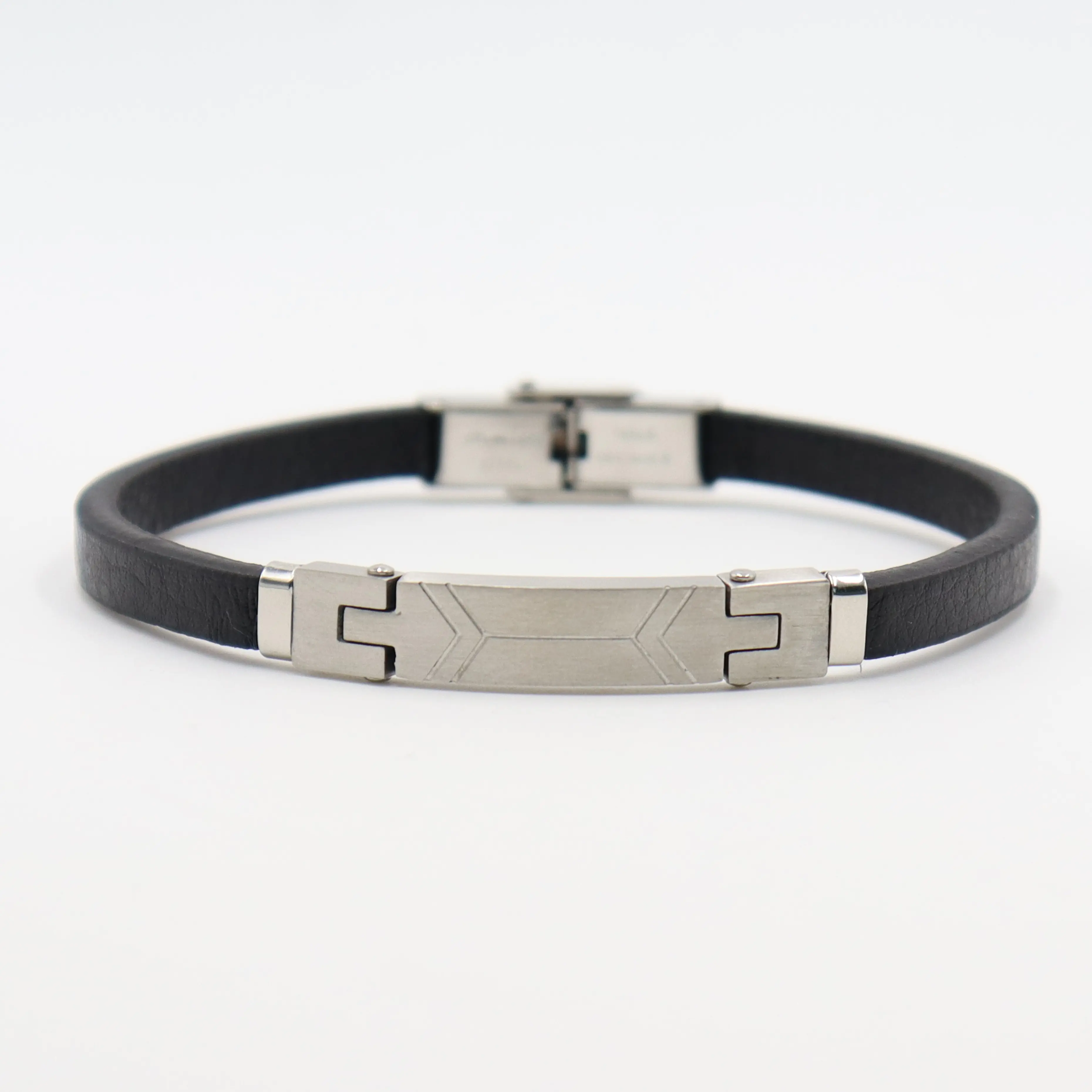 Wholesale Custom Jewelry Mens Black Leather Bracelet Bangles Stainless Steel Cuff Minimalist Blank Engraved Bracelets