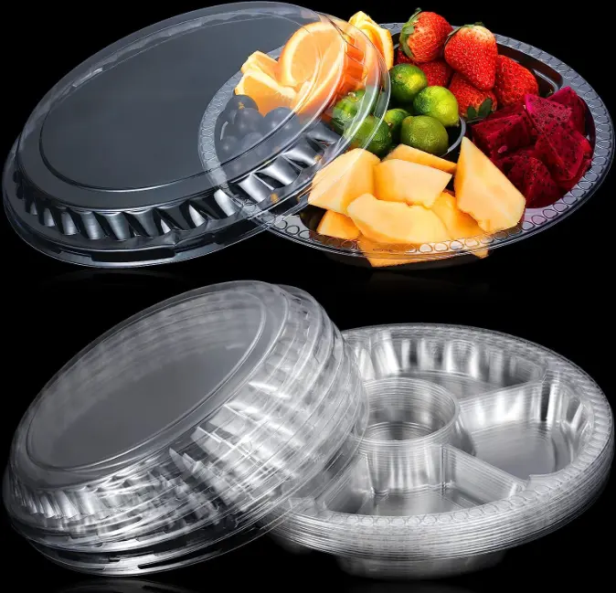 Круглый пластиковый овощной лоток с крышкой, 10-дюймовый контейнер для фруктов, подставка для еды, многоразовые подносы для общественного питания