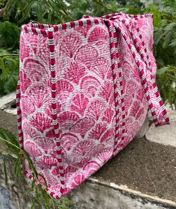 Bolso Tote Acolchado de Algodón con Estampado de Bloques, Funcional para Oficina, Mercado, Salidas Casuales, Viajes, Bolso de Hombro - Product Image 3