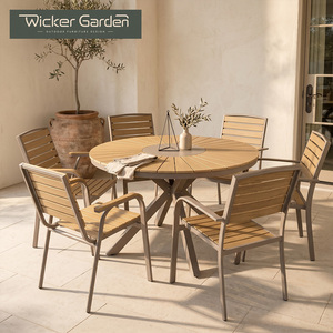 Set da Pranzo Rotondo da Esterno con Lazy Susan <span class=keywords><strong>in</strong></span> Alluminio e Legno Plastico, 6 Posti, Arredamento da Patio OEM - Product Image 1