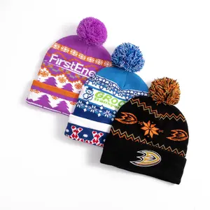 Promotional Jacquard Graphic Beanie Toque Supplier Custom Logo Winter Spandex Beanie Hat with Top Ball