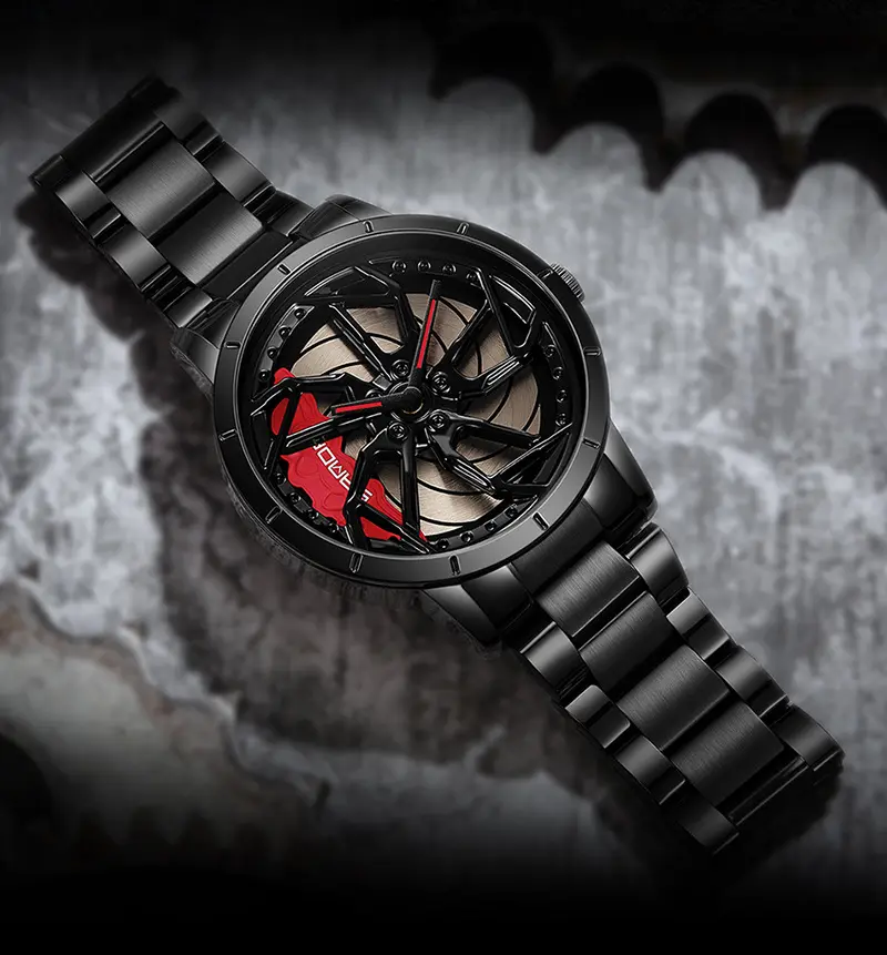 New Personality Design Rim Hub Watch Custom Car Wrist Watch Stainless Steel Rotate Wheel Rim Hub Rotating Dial Watches for Men