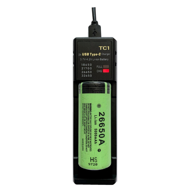Universal Smart Charger for 18650 26650 21700 Lithium Battery USB Tp-C 3.7V 4.2V Single Slot with 10W Output Power 5V/2A Input