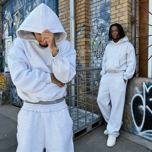 Custom Boxy Fit Double Layer Gray Flared Stacked Baggy Oversized French Terry Cotton Sweatsuit Sweatpants and Hoodie <b>Set</b> for Men - Product Image 2