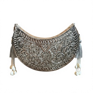 Handmade <b>Silver</b> Metal Crescent Clutch <b>Bag</b> Embossed Floral Design Tassel Shell Charms Antique Minaudiere for Women Wholesale - Product Image 1