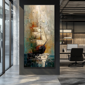 Décoration de bureau, toile peinte à la main, peintures abstraites de bateaux à voile dorés, paysages marins, art mural moderne texturé 3D - Product Image 2