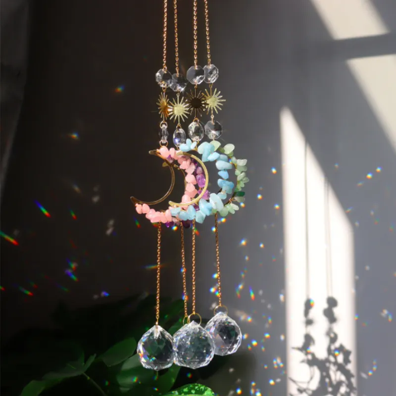New design metal natural crystal gravel gemstone wind chimes moon tassel souvenir living room crafts crystal sun catcher