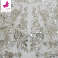 HY1837-4 Dentelle de mariée classique française en argent-blanc perlée avec des paillettes pour robe de mariée femme