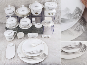 Chinese Ink Mountain Landscape 45% HIGH <b>BONE</b> <b>CHINA</b> <b>DINNER</b> <b>SET</b> HAND GOLD RIM LUXURY HOTEL BANQUET CERAMIC TABLEWARE CUSTOM LOGO - Product Image 2