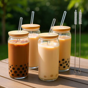Juego de vasos de vidrio de 4 piezas de 20 oz con tapas de bambú y pajitas para té de burbujas, batidos, café helado, uso en fiestas - Product Image 2