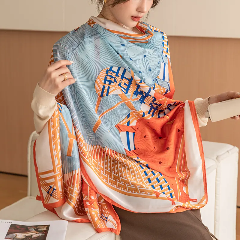 2024 Summer Fashion Long Polyester satin Silk Scarf Shaw Adult Women's Scarves for Spring Style