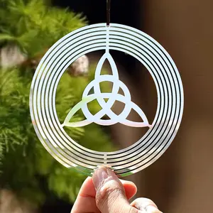 3D Mirror Stainless Steel Celtic Metal Rotation Wind Spinner Wind Chimes Catcher Bird Deterrent Hanging Garden Ornament