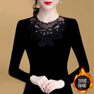 Women's Fleece Lined Long Sleeve Lace <b>Top</b> Slim Fit Black Autumn Base <b>Layer</b> Elegant Hollow Out Diamond Stud Splicing - Product Image 1