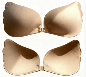 工場価格 セクシーなワイヤーなしディープV スパンデックス/ナイロン 粘着ブラ フロントバックル シームレスプッシュアップ粘着ブラ ローカットパーティー用 - Product Image 5