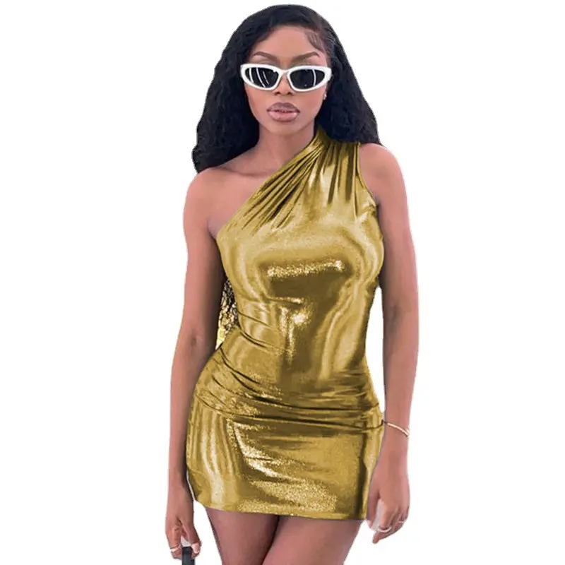 XS XL Size One Shoulder Vinyl Sexy Sheath Mini Dress For Women 2023 Summer Bodycon Night Club