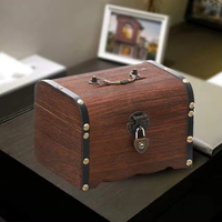Coffre au trésor vintage en bois, verrouillable, pour rangement de pièces de monnaie, tirelire, coffre de rangement en bois pour cadeau et usage domestique