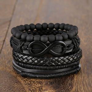 Pulseras de Cuero PU con Cuentas Negras Vintage Unisex para Hombre y Mujer, Pulsera de Moda con Triángulo Hueco Multicapa, Joyería Tribal - Product Image 1