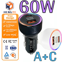 Chargeur de voiture super rapide QC30W PD30W 2 ports USB A Type C noir blanc avec lumière LED et logo personnalisé, fabrication en usine