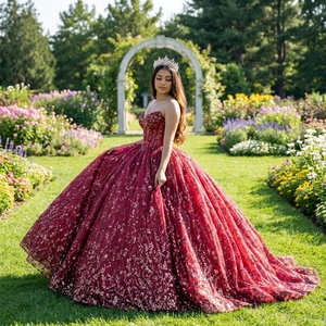 Vestidos de Quinceañera de Chifón Borgoña Dy6925 con Hombros Decorados con Cuentas, Vestido de Gala con Apliques, Lentejuelas Brillantes y Bordado Floral para Fiesta de Graduación - Product Image 1