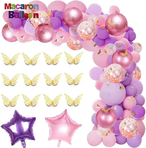 Kit de balões de borboleta, kit de balões rosa e roxo com 126 peças, balão para tema de borboleta, arco de balão com ouro e borboleta y477