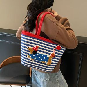 Striped Tote Bag Blue White Dachshund Cartoon Design Soft Handle Everyday Use - Product Image 1