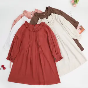 Children clothes boutique plain ruffle long sleeve dress toddler girls cotton Linen casual dresses for Autumn