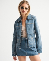 Veste en jean courte Leduo personnalisée pour femme, délavée clair, avec fermeture éclair et revers, poches à surpiqûres contrastées, style décontracté