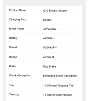 US EU Stock Suspensión hidráulica Q30 E Scooter 11 pulgadas 55 Kmh 2500W 48v16AH 20AH 26AH 30AH Scooter eléctrico rápido