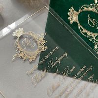 Cartes d'invitation d'anniversaire personnalisées avec logo estampé à chaud, en acrylique transparent, style européen, enveloppes en velours vert, vente en gros en Chine