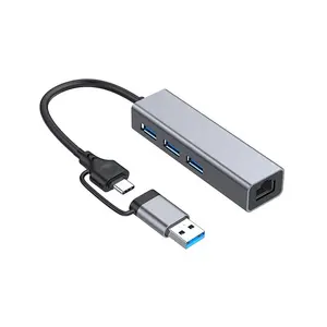 Adaptor jaringan 2in 1 USB Tipe C + 3 Port USB 3.0 Hub ke Ethernet RJ45 Lan adaptor Gigabit untuk 10/100/1000Mbps untuk komputer