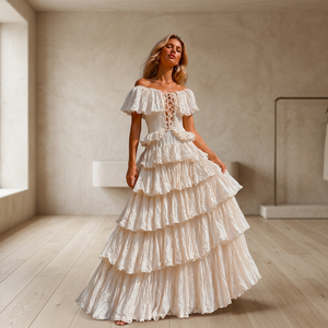 Vestido de Fiesta Largo de Algodón con Hombros Descubiertos, Estilo Bohemio con Volantes, Cintura Natural, para Mujer, Verano - Product Image 2