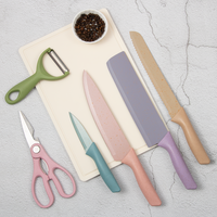 Vente en gros d'usine, ensemble de 6 couteaux de cuisine en acier inoxydable, multicolores, éplucheur pour droitiers, couteau à pain et ciseaux