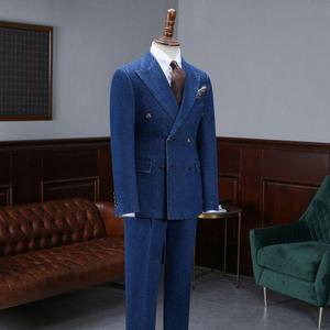 Abiti da <span class=keywords><strong>Uomo</strong></span> in Denim Oxford <span class=keywords><strong>Blu</strong></span> Eleganti Doppiopetto su Misura Abiti Casual Moderni Smoking con Risvolto a Punta <span class=keywords><strong>Blazer</strong></span> Business - Product Image 4