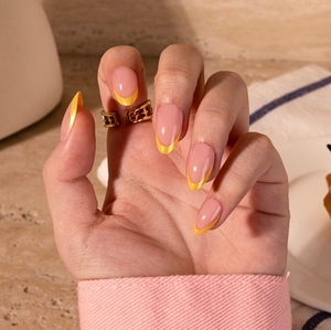 Esmalte <span class=keywords><strong>de</strong></span> <span class=keywords><strong>Uñas</strong></span> Acrílico Estilo Francés, Cobertura Total, Forma Almendrada, <span class=keywords><strong>Amarillo</strong></span> Perlado Brillante, con Purpurina, Pegamento para <span class=keywords><strong>Uñas</strong></span>, Pre-diseñado - Product Image 2