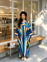 Nouvelle Collection Été 2026 – Robe Kaftan Ample à Rayures Col V avec Poches, Imprimé Ethnique Africain, Boubou Décontracté Grande Taille pour Femme en Polyester