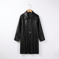 Damen Schwarzer PU-Kunstleder Mantel, Minimalistischer Stil, Reverskragen, Einreihig, Lange Ärmel, Locker Geschnitten, Mittellang, Lässige Oberbekleidung