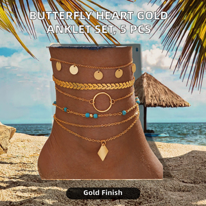 Conjunto de 5 piezas de cadena de eslabones con colgante de cuentas de moda, chapado en oro, con diseño geométrico, para tobillo, regalo de playa - Product Image 2