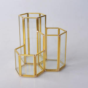 3-مقصورة فرشاة للمكياج حامل خمر نمط النحاس والزجاج منظم - Product Image 2