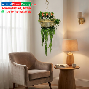 Artificial Hanging Basket with Green Fern Leaves and Decorative <b>Flowers</b> Indoor Outdoor <b>Wall</b> Balcony Garden Decor - Product Image 6