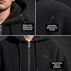 Sudadera con capucha y cremallera extragrande de doble capa de forro polar cepillado de 500 GSM de alto gramaje para <span class=keywords><strong>hombre</strong></span>, colección de ropa urbana de invierno - Product Image 2