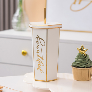 <b>Large</b> Capacity Rhomboid Gold-Rimmed Porcelain Personalized <b>Mugs</b> 490ml Dishwasher & Microwave Safe with Lid Straw Business Gift - Product Image 3